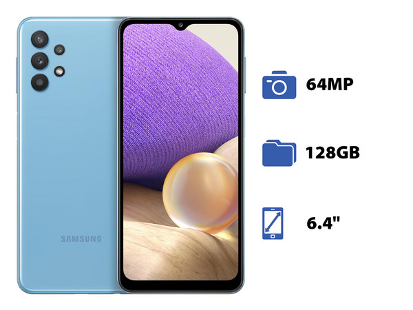 Smartphone Samsung Galaxy A32:
Procesador Mediatek Helio G80,
Memoria RAM de 6GB,
Almacenamiento de 128GB,
Pantalla LED Multi-Touch de 6.4