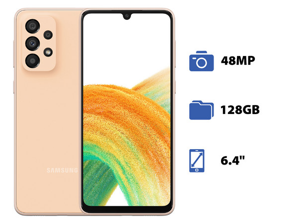 Smartphone Samsung Galaxy A33: 
Procesador Octa Core (hasta 2.40 GHz),
Memoria RAM de 6GB, Almacenamiento de 128GB,
Pantalla Super AMOLED de 6.4