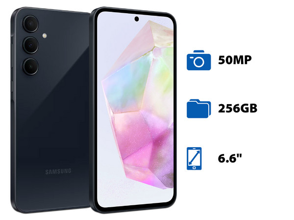 Smartphone Samsung Galaxy A35 5G:
Procesador Octa Core (hasta 2.4 GHz),
Memoria RAM de 8GB, Almacenamiento de 256GB,
Pantalla Super AMOLED de 6.6