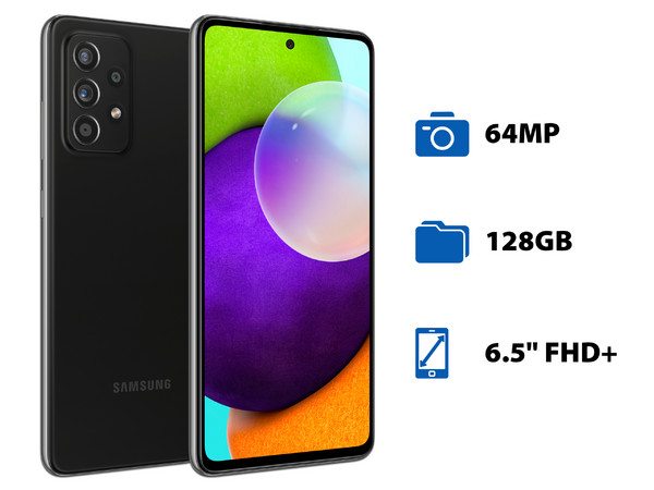 Smartphone Samsung Galaxy A52: 
Procesador Octa Core (hasta 2.3 GHz),
Memoria RAM de 6GB, Almacenamiento de 128GB,
Pantalla Super AMOLED de 6.5