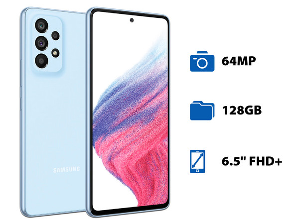 Smartphone Samsung Galaxy A53 5G: 
Procesador Octa-Core (hasta 2.40 GHz), 
Memoria RAM de 8GB, Almacenamiento de 128GB, 
Pantalla Super AMOLED de 6.5