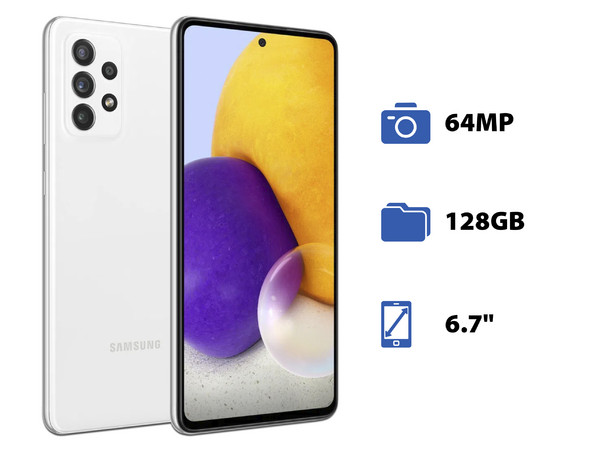 Smartphone Samsung Galaxy A72: 
Procesador Qualcomm Snapdragon 720G (hasta 2.3 GHz),
Memoria RAM de 6GB, Almacenamiento de 128GB,
Pantalla Super AMOLED de 6.7