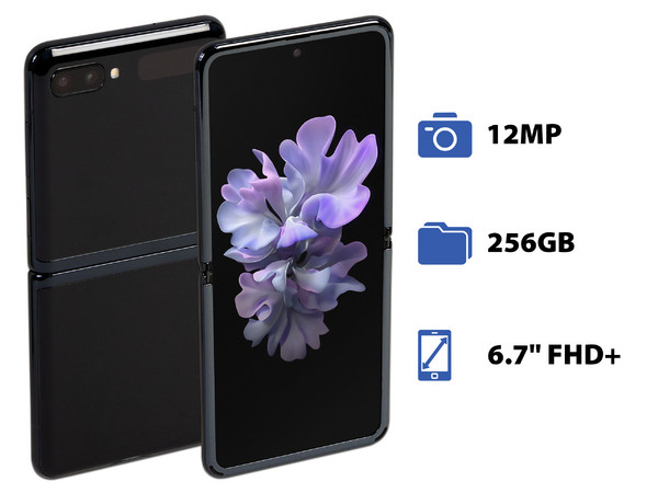 Smartphone Samsung Z Flip:
Procesador Octa Core (hasta 2.9 GHz),
Memoria RAM de 8GB, Almacenamiento de 256GB,
Pantalla LED Multi Touch de 6.7
