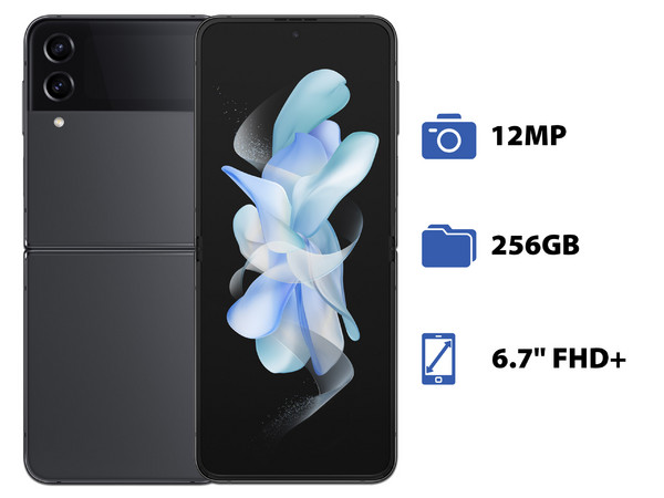 Smartphone Samsung Galaxy Z Flip 4: 
Procesador Octa-Core (hasta 3.18 GHz), 
Memoria RAM de 8GB, Almacenamiento de 256GB, 
Pantalla AMOLED Multi-Touch de 6.7