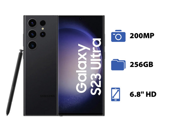 Smartphone Samsung Galaxy S23 Ultra 5G:
Procesador Snapdragon 8 Gen 2 (hasta 3.2Ghz),
Memoria RAM de 12GB, Almacenamiento de 256GB,
Pantalla Dynamic AMOLED 2X de 6.8