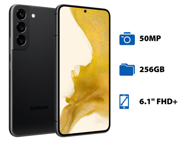 Smartphone Samsung Galaxy S22:
Procesador Octa Core (hasta 2.99 GHz),
Memoria RAM de 8GB, Almacenamiento de 256GB,
Pantalla AMOLED de 6.1