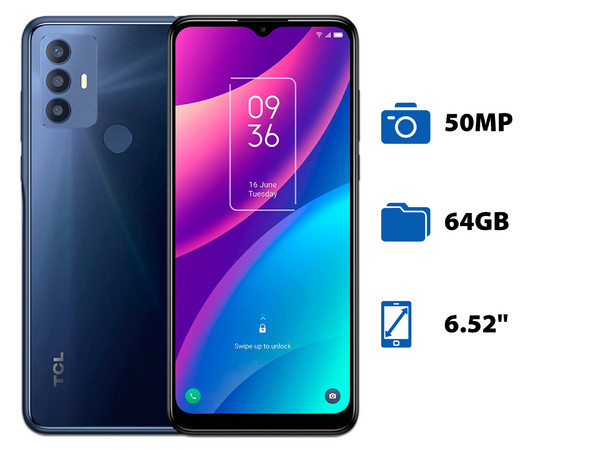 Smartphone TCL 30SE: 
Procesador Helio G25 (hasta 2.0 GHz), 
Memoria RAM de 4GB, Almacenamiento de 64GB, 
Pantalla LED Multi Touch de 6.52