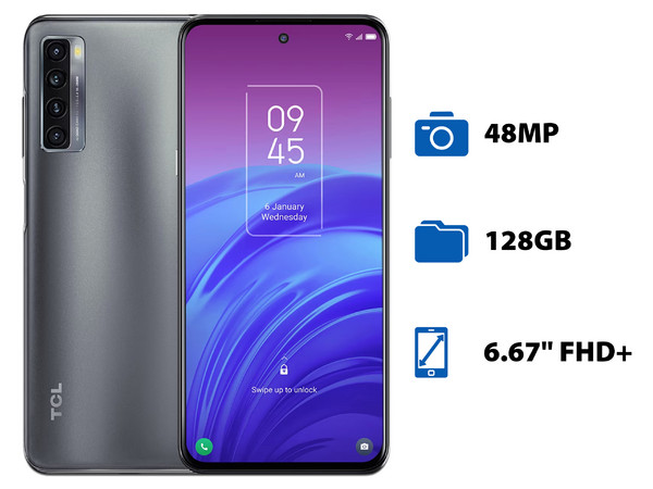 Smartphone TCL 20L: 
Procesador Snapdragon 662 (hasta 2.0 GHz),
Memoria RAM de 6GB, Almacenamiento de 128GB, 
Pantalla LED Multi Touch de 6.67