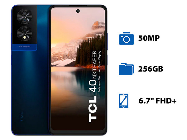 Smartphone TCL 40 NxtPaper: 
Procesador Octa-Core (hasta 2.0 GHz), 
Memoria RAM de 8GB, 
Almacenamiento de 256GB, 
Pantalla LED Multi-Touch de 6.7