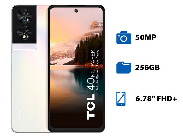 Smartphone TCL 40 NXTPAPER: 
Procesador Octa Core (hasta 2 GHz), 
Memoria RAM de 8GB, Almacenamiento de 256GB, 
Pantalla LED Multi Touch de 6.78