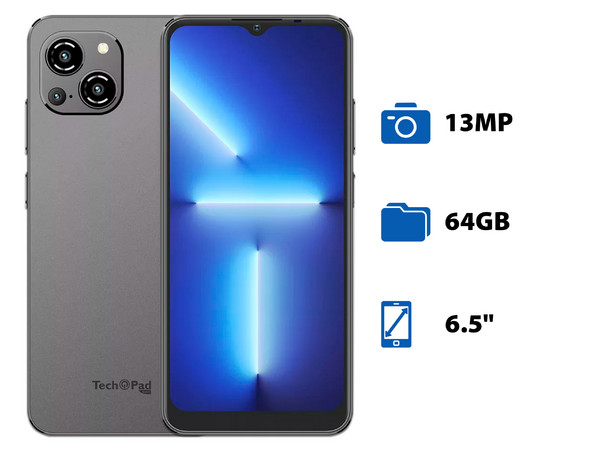 Smartphone Tech Pad X 11: 
Procesador UNISOC T606 (hasta 1.6 GHz), 
Memoria de 4GB,  Almacenamiento de 64GB, 
Pantalla LED Multi-Touch de 6.5