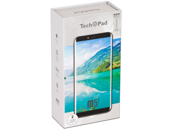Smartphone TechPad Cel M5 Plus:
Procesador Quad Core (1.3 GHz),
Memoria RAM de 1GB, Almacenamiento de 16GB,
Pantalla IPS de 5.5