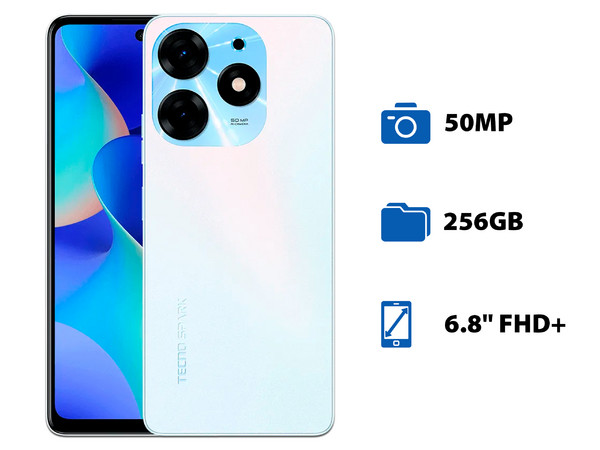 Smartphone Tecno Spark 10 Pro: 
Procesador Octa Core (hasta 2.0 GHz), 
Memoria RAM de 8GB, 
Almacenamiento de 256GB, 
Pantalla LED Multi-Touch de 6.8