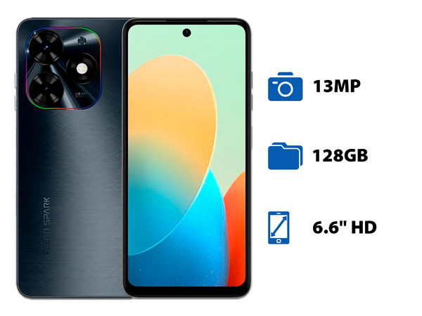 Smartphone Tecno Spark Go 2024: 
Procesador Unisoc T606 (hasta 1.6 GHz), 
Memoria RAM de 4GB, Almacenamiento de 128GB, 
Pantalla LED Multi-Touch de 6.6