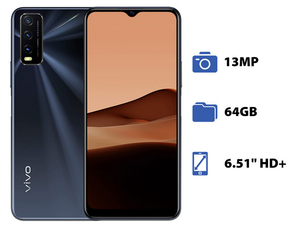 Smartphone Vivo Y20: 
Procesador Snapdragon 460 (hasta 1.80 GHz), 
Memoria RAM de 4GB, Almacenamiento de 64GB, 
Pantalla LED Multi Touch de 6.51