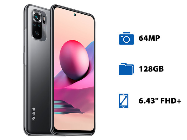 Smartphone Xiaomi Redmi Note 10S: 
Procesador Octa Core (hasta 2.05 GHz), 
Memoria RAM de 6GB, Almacenamiento de 128GB, 
Pantalla AMOLED de 6.43