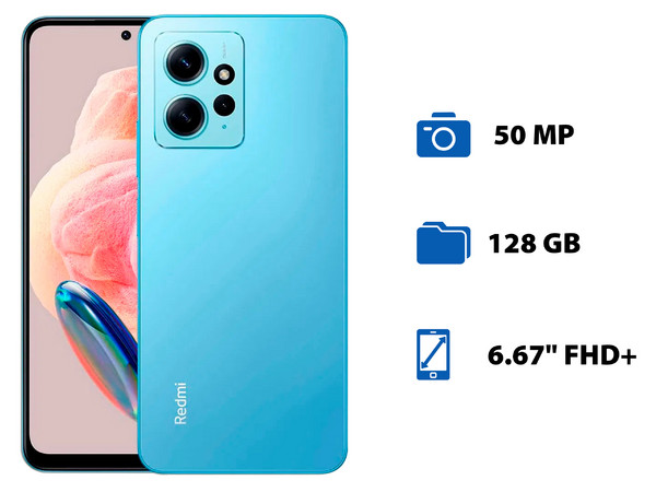 Smartphone Xiaomi Redmi Note 12:
Procesador Snapdragon 685 (hasta 2.8 GHz),
Memoria RAM de 6GB, Almacenamiento de 128GB,
Pantalla AMOLED de 6.67