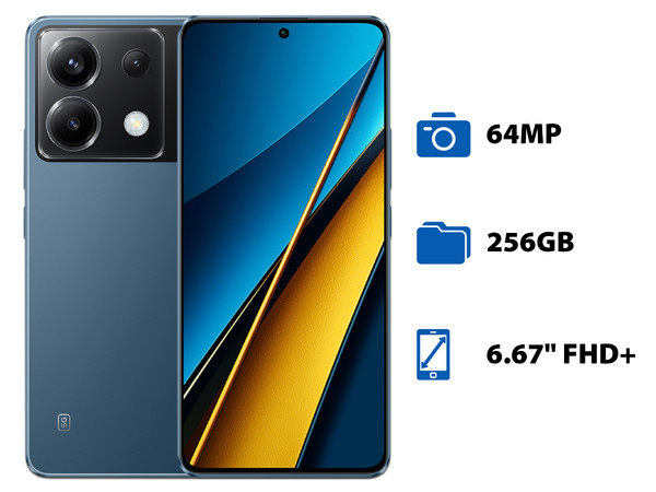 Smartphone Xiaomi Poco X6 5G: 
Procesador Octa-Core (hasta 2.4 GHz), 
Memoria RAM de 12GB, Almacenamiento de 256GB, 
Pantalla AMOLED Multi Touch FHD+ de 6.67