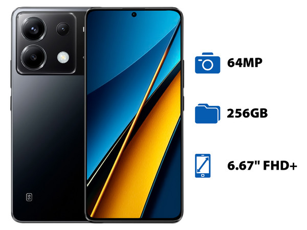 Smartphone Xiaomi Poco X6: 
Procesador Octa-Core (hasta 2.4 GHz), 
Memoria RAM de 12GB, Almacenamiento de 256GB, 
Pantalla AMOLED de 6.67