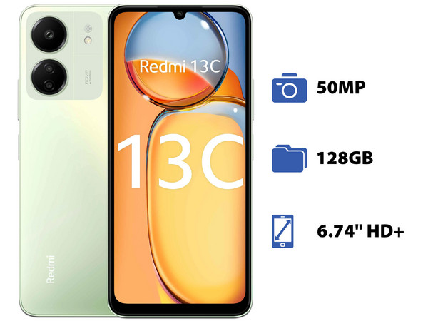 Smartphone Xiaomi Redmi 13C: 
Procesador Octa Core (hasta 2.0 GHz),
Memoria RAM de 4GB, Almacenamiento de 128GB, 
Pantalla LED Multi Touch de 6.74