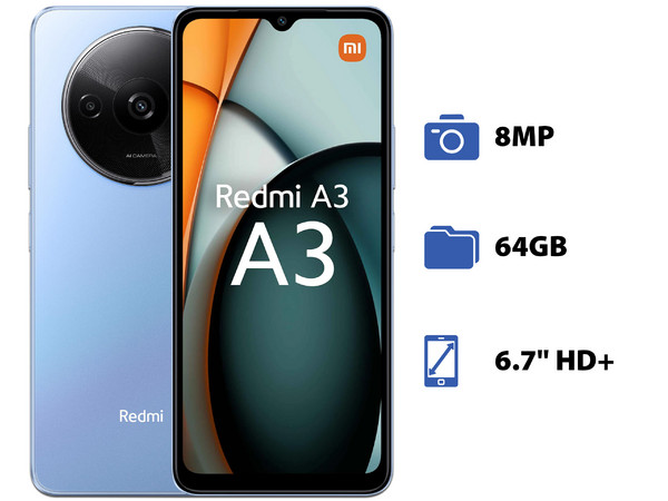 Smartphone Xiaomi Redmi A3: 
Procesador MediaTek Helio G36 (hasta 2.2 GHz),
Memoria RAM de 3GB, 
Almacenamiento de 64GB, 
Pantalla LED Multi Touch de 6.7