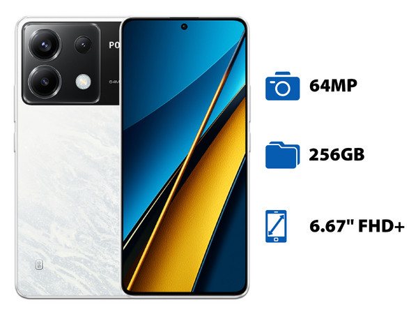 Smartphone Xiaomi POCO X6 5G: 
Procesador Snapdragon 7s Gen 2 (hasta 2.4 GHz), 
Memoria RAM de 12GB, 
Almacenamiento de 256GB, 
Pantalla AMOLED Multi-Touch de 6.67