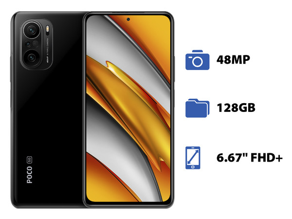 Smartphone Xiaomi Poco F3: 
Procesador Snapdragon 870 (hasta 3.2 GHz), 
Memoria RAM de 6GB, Almacenamiento de 128GB, 
Pantalla AMOLED Multi Touch de 6.67