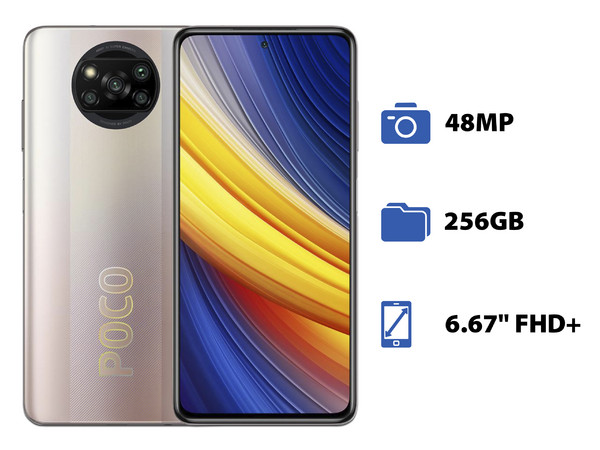 Smartphone Xiaomi Poco X3 Pro: 
Procesador Snapdragon 860 (hasta 2.96 GHz), 
Memoria RAM de 8GB, Almacenamiento de 256GB, 
Pantalla LED Multi Touch de 6.67