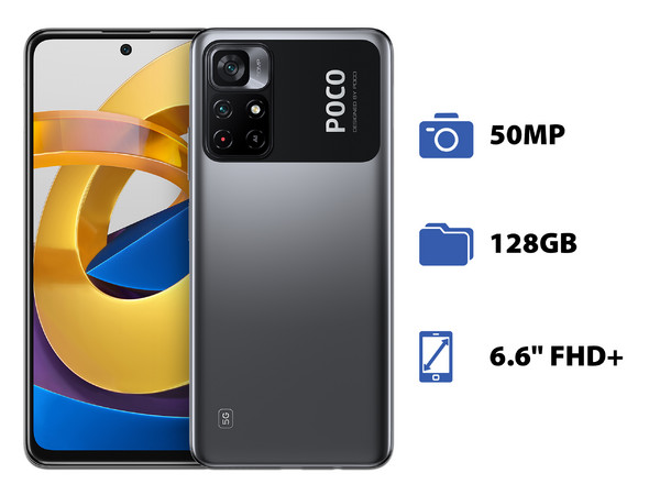 Smartphone Xiaomi Poco M4 Pro: 
Procesador Dimensity 810 ( hasta 2.4GHz),
Memoria RAM de 6GB, Almacenamiento de 128GB, 
Pantalla LED Multi Touch de 6.6 FHD+, 
Wi-Fi,
Cámara Principal de 50MP, 
Android 11. Caja Abierta, Producto con desgaste.