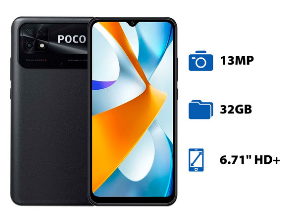 Smartphone Xiaomi POCO C40:
Procesador JLQ JR510 Octa Core (hasta 2.0GHz),
Memoria RAM de 3GB,
Almacenamiento de 32GB,
Pantalla LED Multi Touch de 6.71