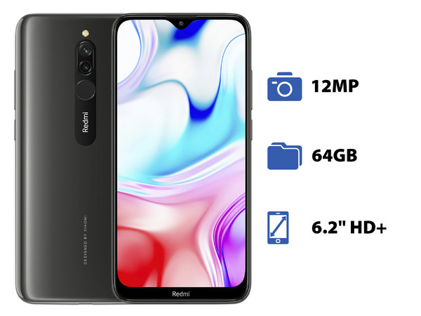 Smartphone Xiaomi Redmi 8: 
Procesador Snapdragon 439 Octa Core (hasta 2.0GHz), 
Memoria RAM de 4GB, Almacenamiento de 64GB,
Pantalla LED Multi Touch de 6.2