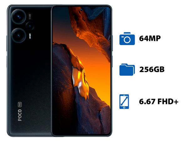 Smartphone Xiaomi Poco F5:
Procesador Snapdragon 7+ Gen 2 (hasta 2.49 GHz),
Memoria RAM de 8GB,
Almacenamiento de 256GB,
Pantalla OLED Multi-Touch de 6.67 FHD+,
Bluetooth 5.0, Wi-Fi,
Cámara Principal de 64MP,
Android 13, Color Negro.