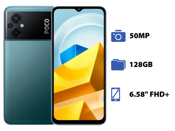 Smartphone Xiaomi POCO M5: 
Procesador MediaTek Helio G99 Octa-Core (hasta 2.2 GHz),  
Memoria RAM de 4GB, Almacenamiento de 128GB,
Pantalla LED Multi Touch de 6.58