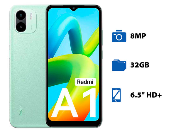 Smartphone Xiaomi Redmi A1: 
Procesador Helio A22 Quad-Core (hasta 2.0 GHz), 
Memoria RAM de 2GB,
Almacenamiento de 32GB,
Pantalla LED Multi Touch de 6.5