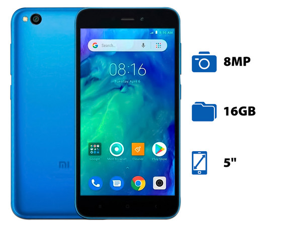 Smartphone Xiaomi Redmi Go:
Procesador Quad Core (hasta 1.4 GHz),
Memoria RAM de 1GB, Almacenamiento de 16GB,
Pantalla LED Multi Touch de 5