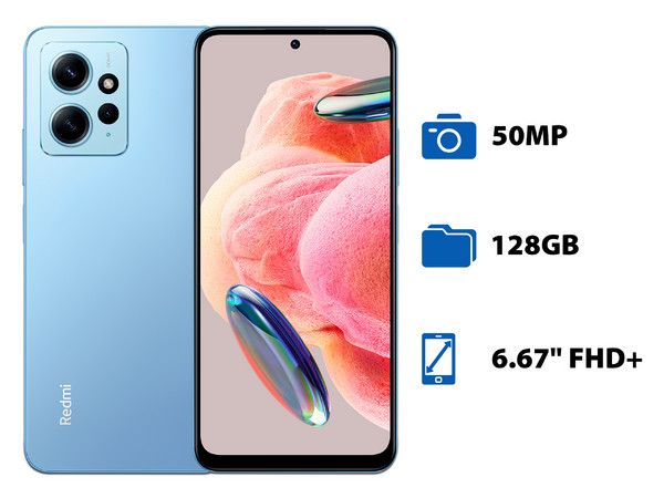 Smartphone Xiaomi Redmi Note 12:
Procesador Octa Core (hasta 2.0 GHz),
Memoria RAM de 4GB,
Almacenamiento de 128GB,
Pantalla AMOLED  de 6.67