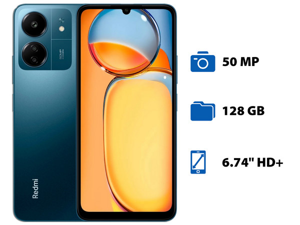 Smartphone Xiaomi Redmi 13C,
Procesador Helio G85 (hasta 2.0 GHz), 
Memoria RAM de 4GB, Almacenamiento de 128GB, 
Pantalla LED Multi Touch de 6.74