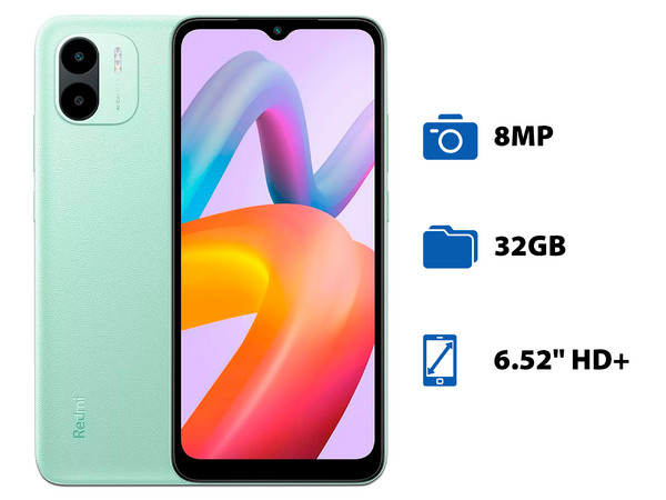 Smartphone Xiaomi Redmi A1: 
Procesador MediaTek Helio A22 (hasta 2.0 GHz), 
Memoria RAM de 2GB, Almacenamiento de 32GB, 
Pantalla LED Multi touch de 6.52