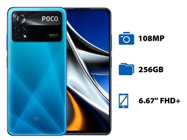 Smartphone Xiaomi Poco X4 Pro 5G: 
Procesador Snapdragon 695 (hasta 2.2 GHz), 
Memoria RAM de 8GB, Almacenamiento de 256GB, 
Pantalla AMOLED de 6.67