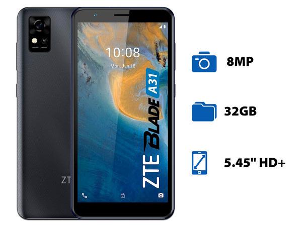 Smartphone ZTE Blade A31:
Procesador Octa Core (hasta 1.6 GHz),
Memoria RAM de 2GB, Almacenamiento de 32GB,
Pantalla LED Multi Touch de 5.45