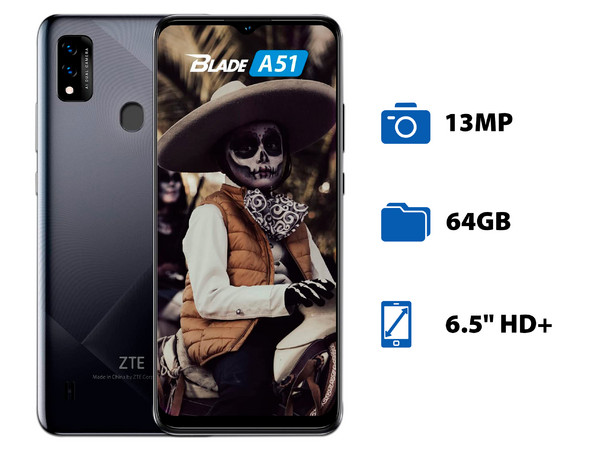 Smartphone ZTE Blade A51:
Procesador Octa Core (hasta 1.6 GHz),
Memoria RAM de 2GB, Almacenamiento de 64GB,
Pantalla LED Multi Touch de 6.5
