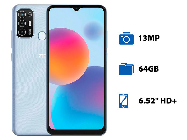 Smartphone ZTE Blade A52:
Procesador Unisoc SC9863A (hasta 1.6 GHz),
Memoria RAM de 2GB, Almacenamiento de 64GB,
Pantalla LED Multi Touch de 6.52