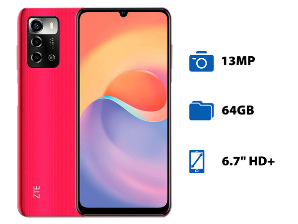 Smartphone ZTE Blade V40 Smart:
Procesador Octa Core (hasta 1.60 GHz),
Memoria RAM de 3GB, Almacenamiento de 64GB,
Pantalla LED Multi Touch de 6.7