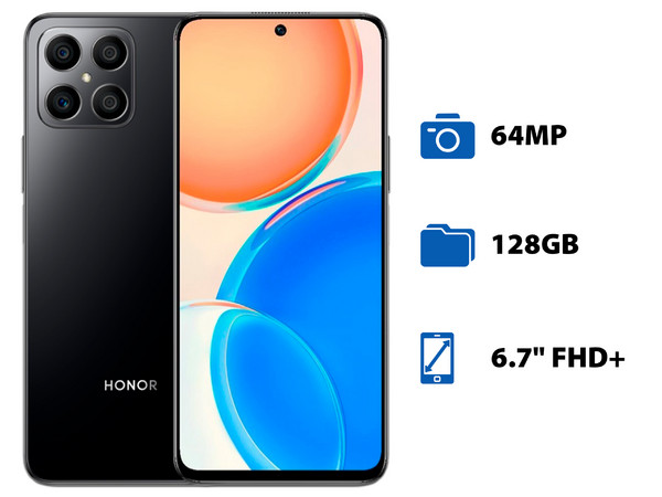 Smartphone HONOR X8: 
Procesador Snapdragon 680, 
Memoria RAM de 6GB, Almacenamiento de 128GB, 
Pantalla LED Multi Touch de 6.7