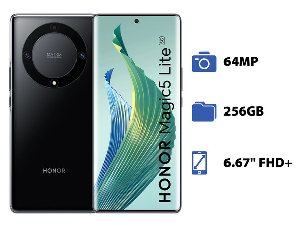 Smartphone HONOR Magic5 Lite: 
Procesador Snapdragon 695 (hasta 2.20 GHz), 
Memoria RAM 8GB, 
Almacenamiento de 256GB, 
Pantalla OLED Multi-touch FHD+ de 6.67