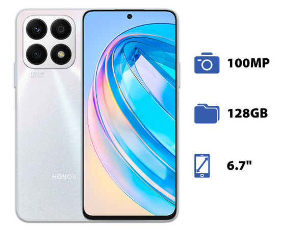 Smartphone Honor X8a: 
Procesador Mediatek Helio G88 (hasta 2.0 GHz), 
Memoria RAM 8GB, 
Almacenamiento de 128GB, 
Pantalla LED Multi-Touch FHD de 6.7