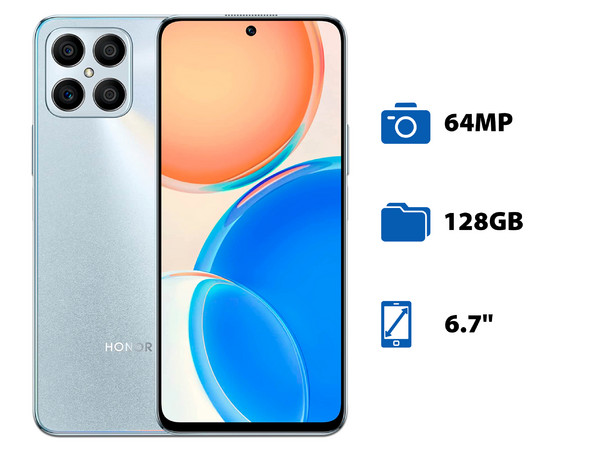 Smartphone Honor X8:
Procesador Snapdragon 680 (hasta 2.40 GHz),
Memoria RAM 6GB,
Almacenamiento de 128GB,
Pantalla LED multitáctil de 6.7