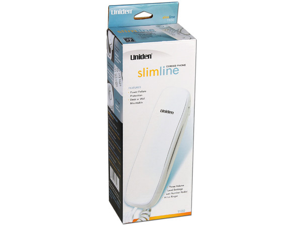 Teléfono Uniden Slimline con Protección contra fallo de corriente, tres ajustes de volumen y repetición del último número marcado.