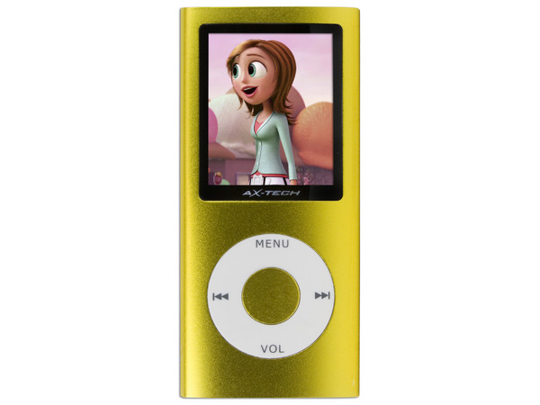 MP4 AXTECH Reproductor de MP3, Radio FM, Fotos, Videoclips y Grabador de Voz. 4GB, Color Amarillo