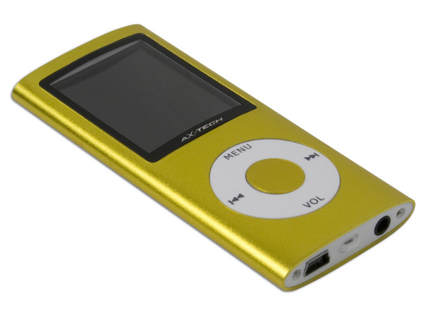 MP4 AXTECH Reproductor de MP3, Radio FM, Fotos, Videoclips y Grabador de Voz. 4GB, Color Amarillo